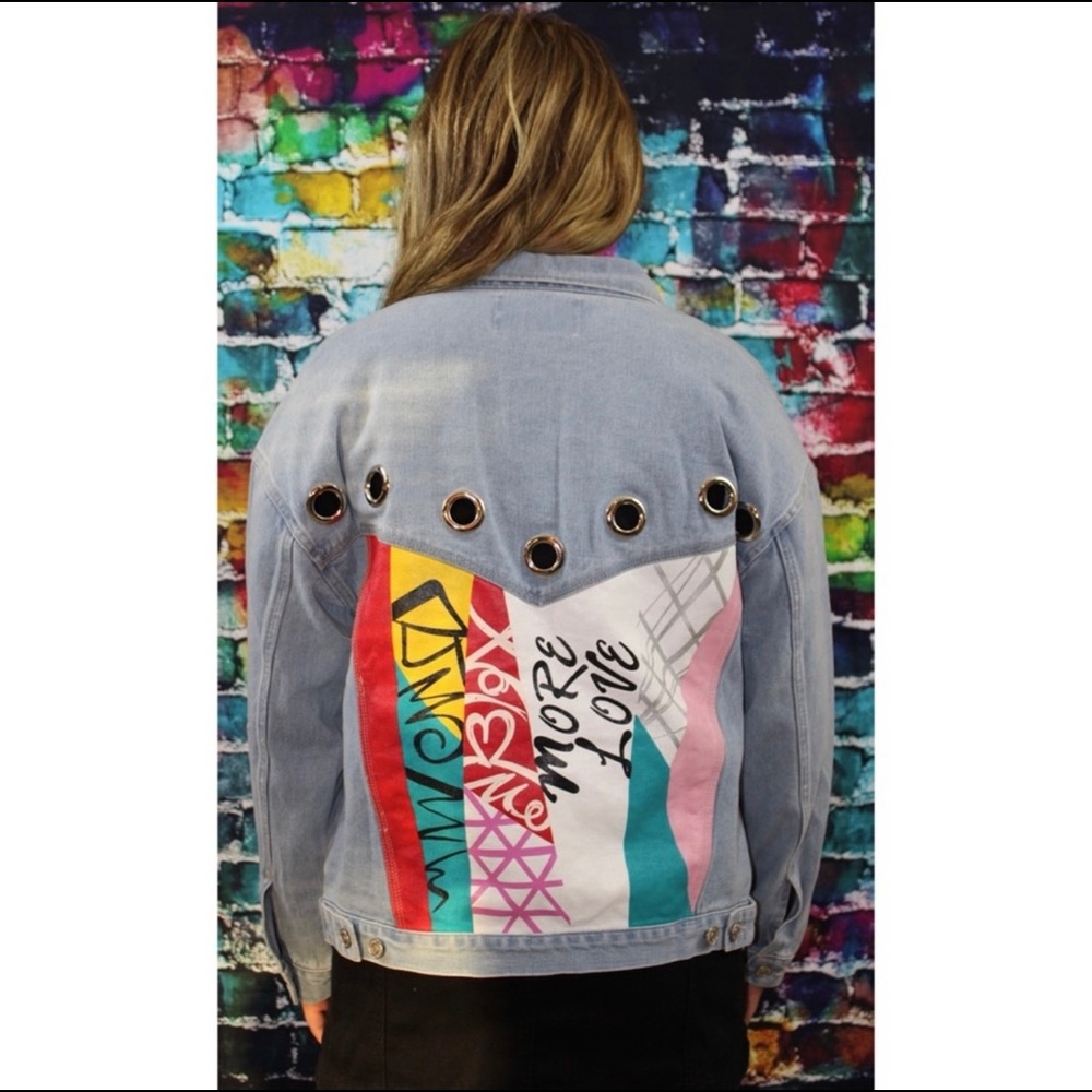 S/M Multi Painted Eyelet Detailed Denim Jacket